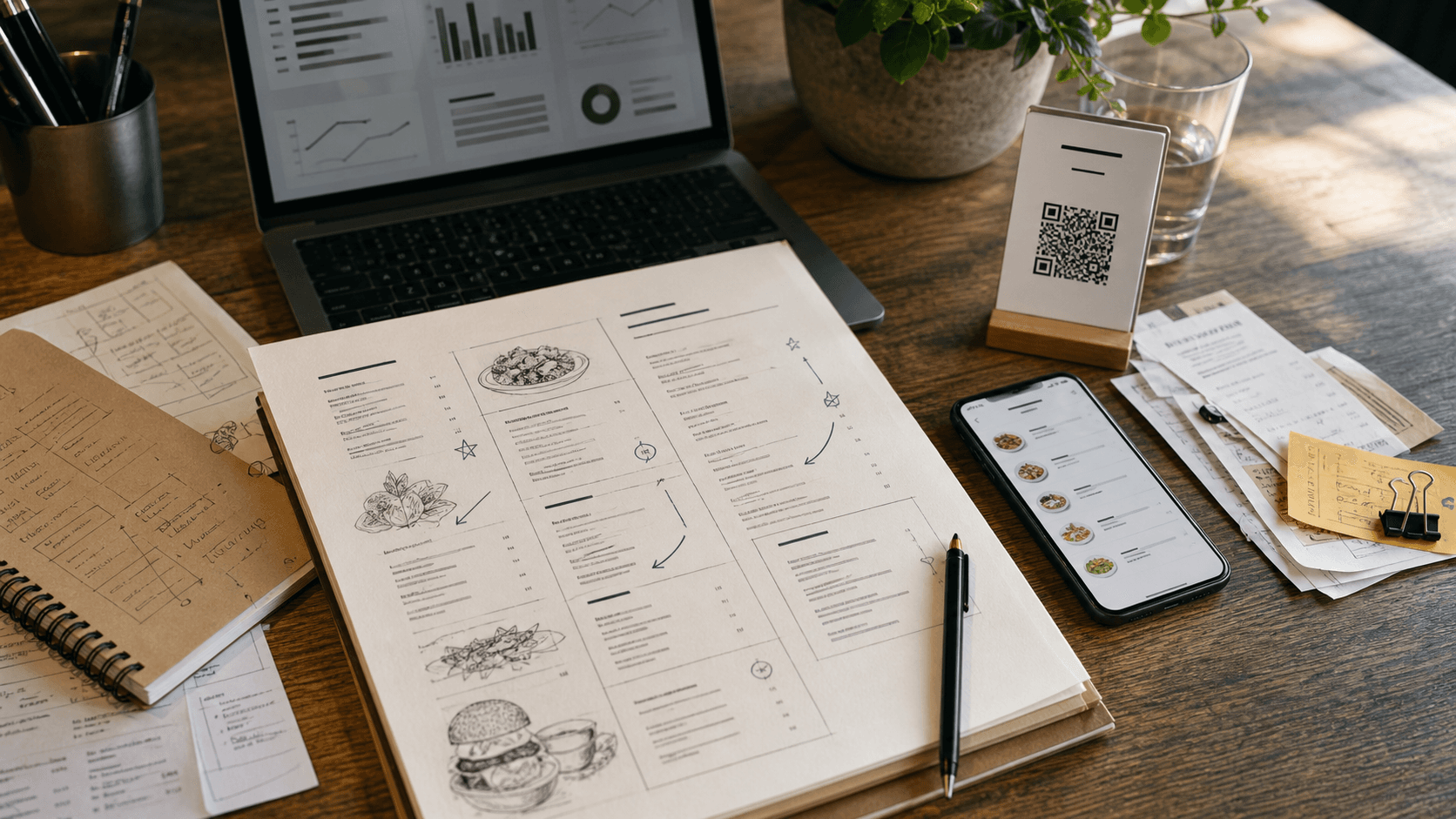 Restaurant menu planning table with QR menu notes and a phone preview