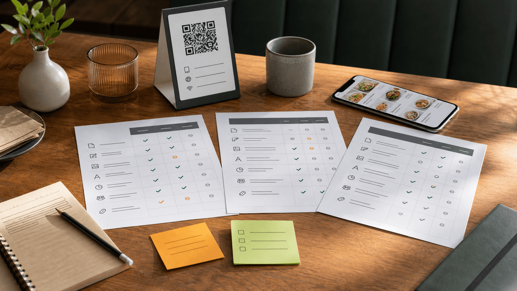 Restaurant QR menu software comparison sheets with a phone and QR table card
